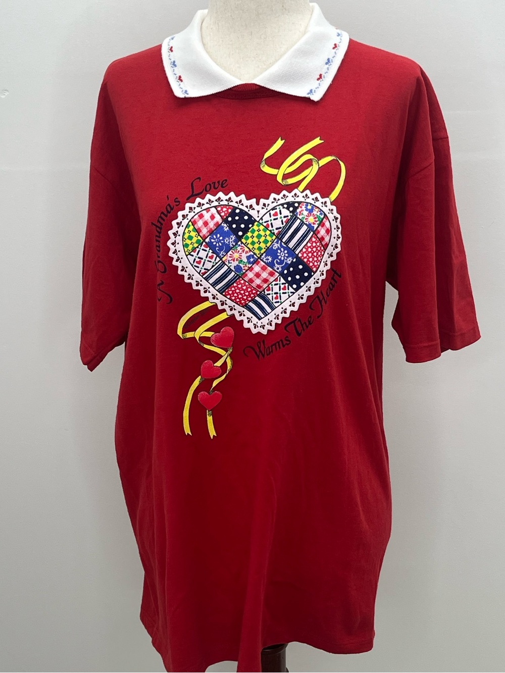 Vintage 90s Gopher Sport Grandmas Love Quilted Heart Polo T Shirt Red Size Large